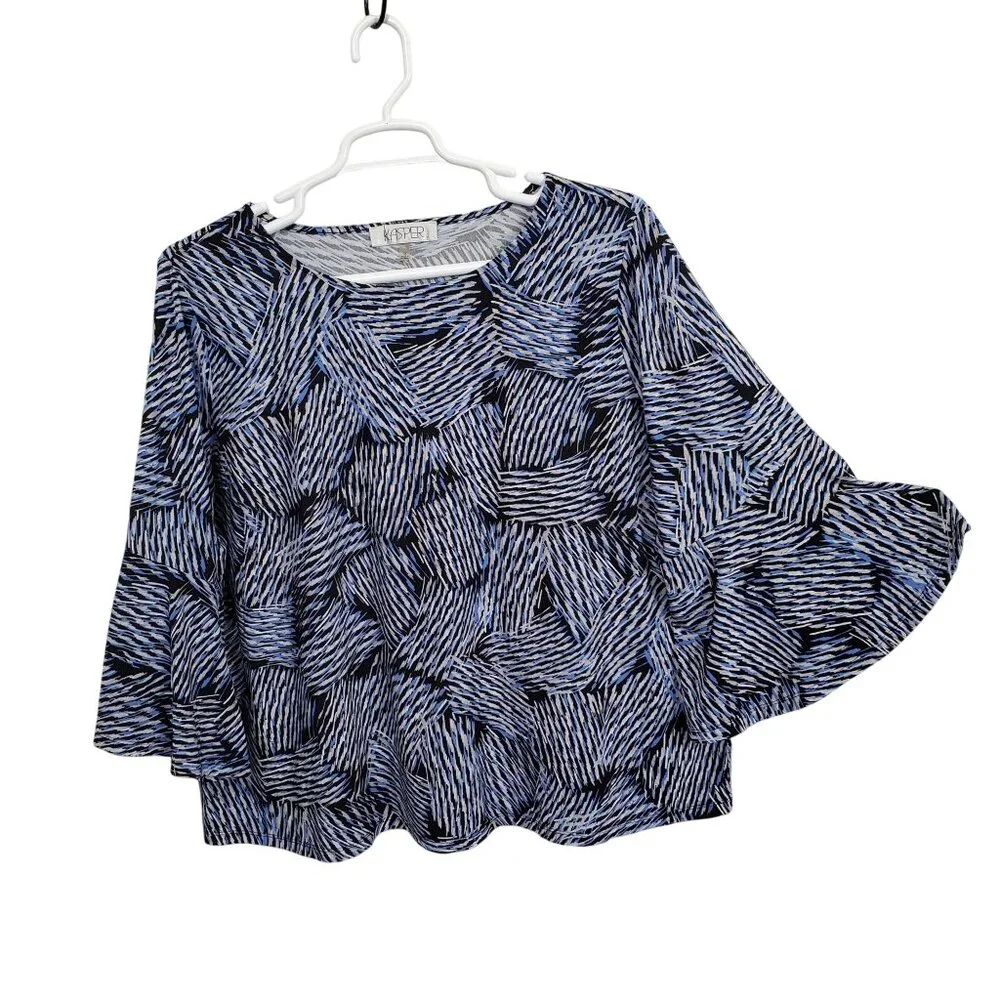 Kasper 3X Blouse Pullover Abstract Swirl Bell Sleeve Stretch Dressy Event Silver - Picture 2 of 13